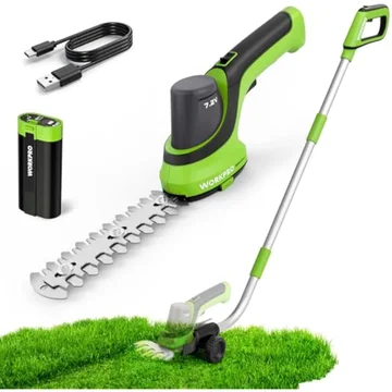 WORKPRO 7.2V Handheld Grass Trimmer, 2-in-1 Cordless Hedge Trimmer & Grass Shears with 44.5” Wheeled Extension Pole, 2Ah Battery, Shrub Trimmer for Lawn Edging, Garden, Yard & Hedge Trimming