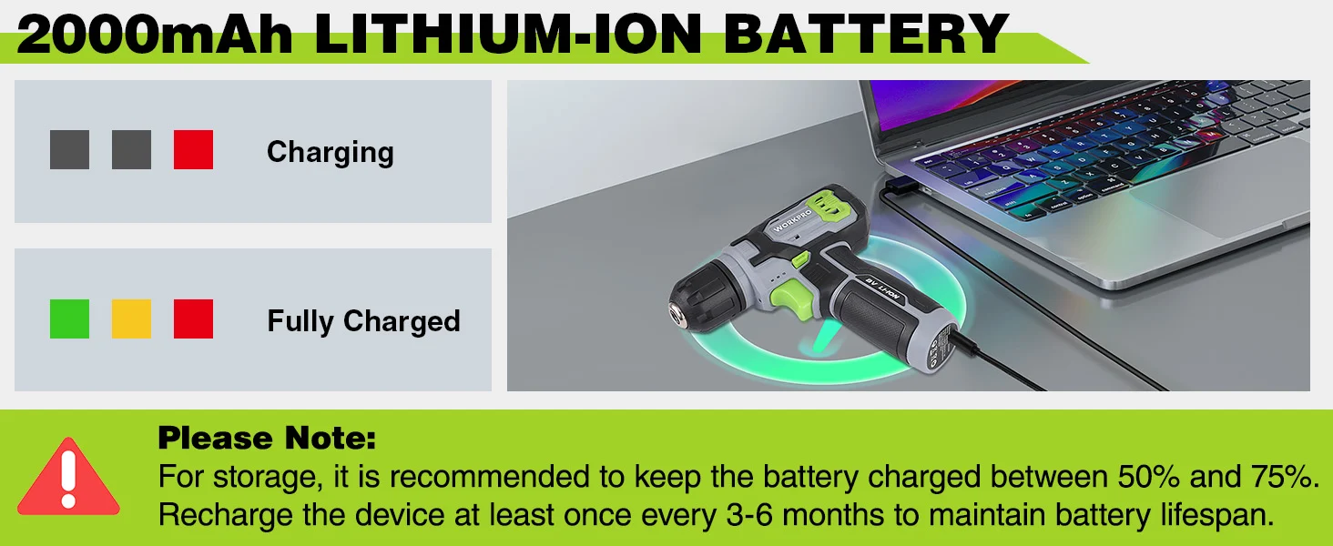 Lithium ion battery charging indicator with innovation and quality text, drill and laptop connected by cable