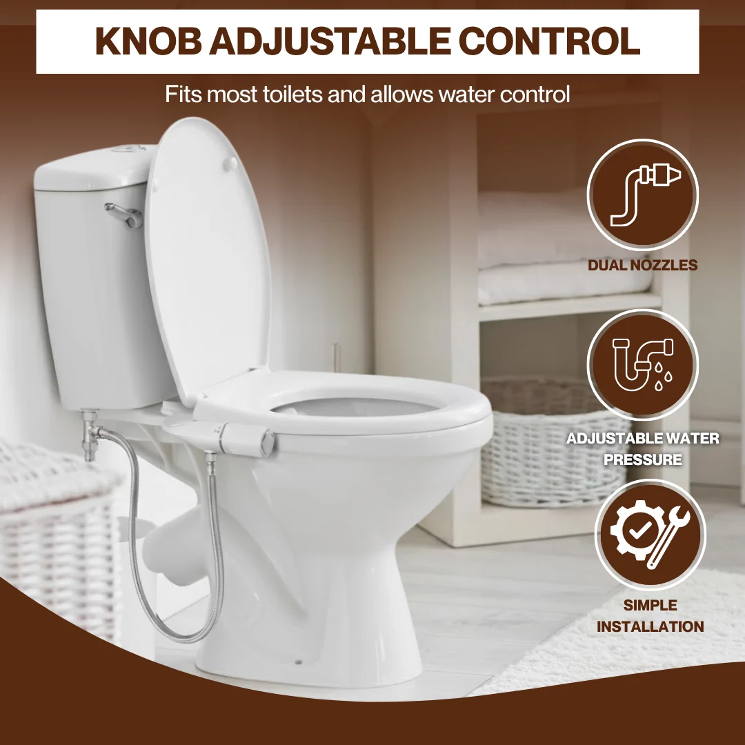 Toilet Bidet Attachment with Dual Nozzle, Water Control, Manual Knob