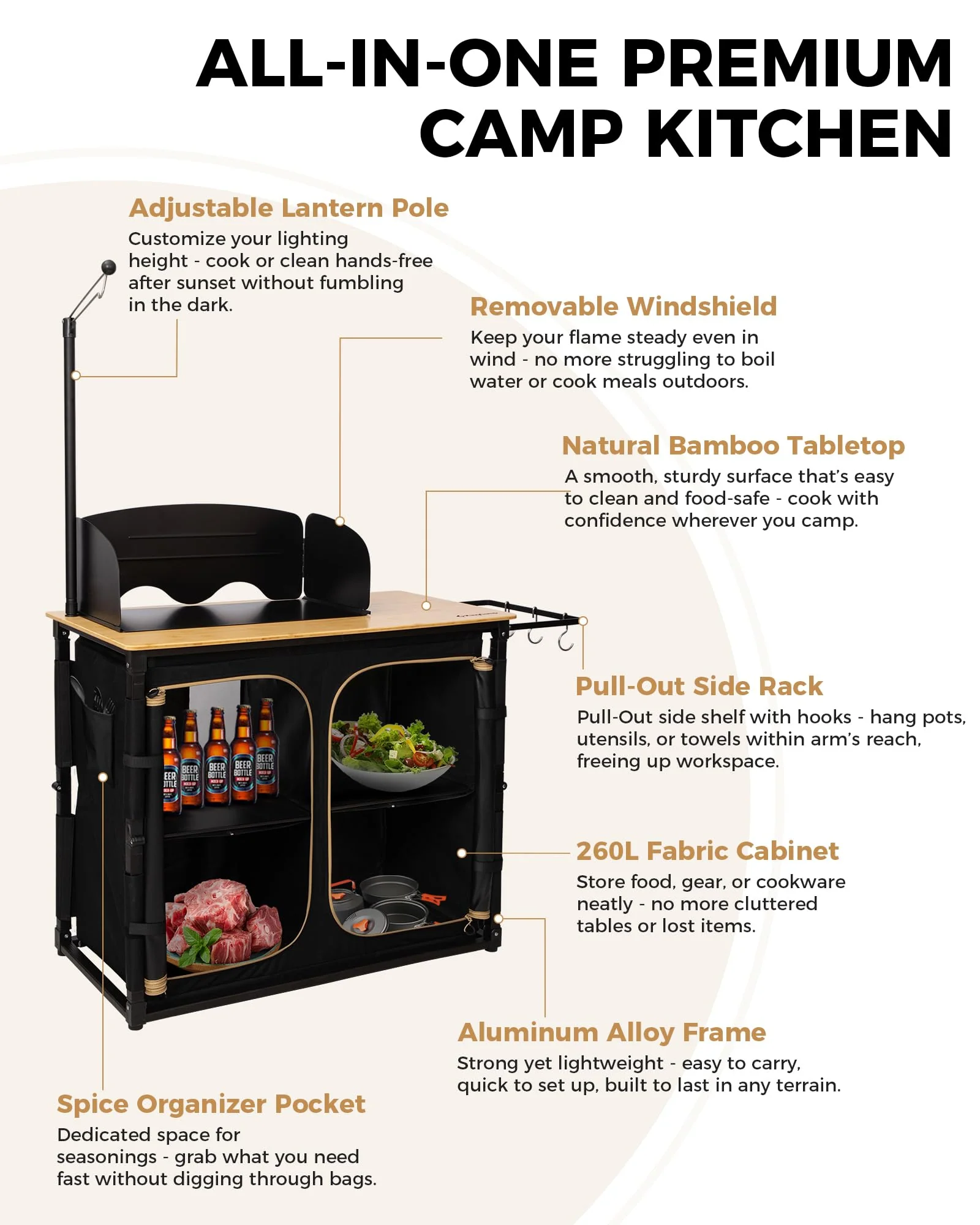 KingCamp Bamboo Camping Kitchen Table with Lantern Stand