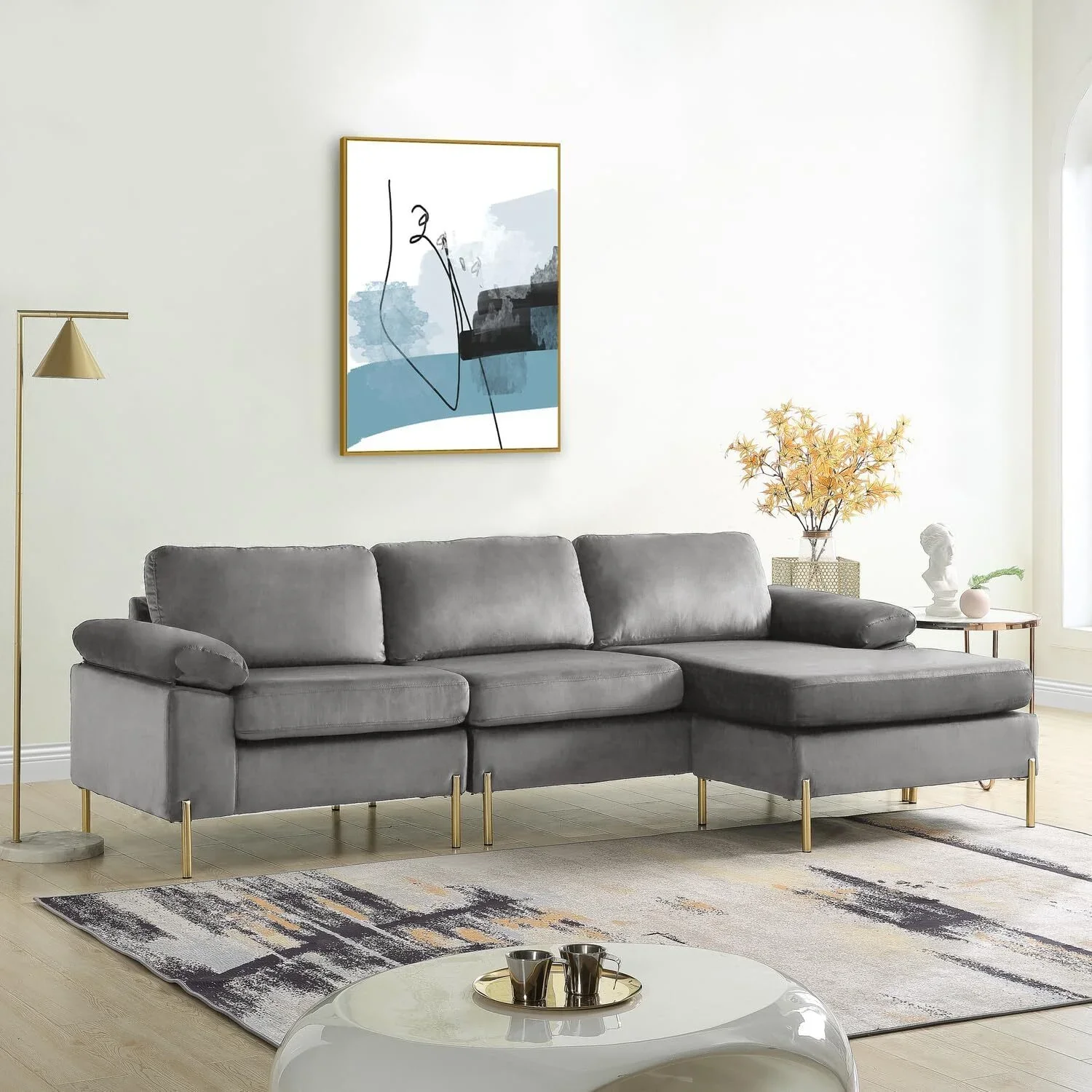 HomeStock Luxe Modern Velvet L-Shape Sectional Sofa with Square Padded Armrests, Solid Pattern Upholstery - 51.6"D x 101.2"W x 33.1"H, Comfortable and Stylish Seating for Living Room-Color:Gray/Gold - Image 6