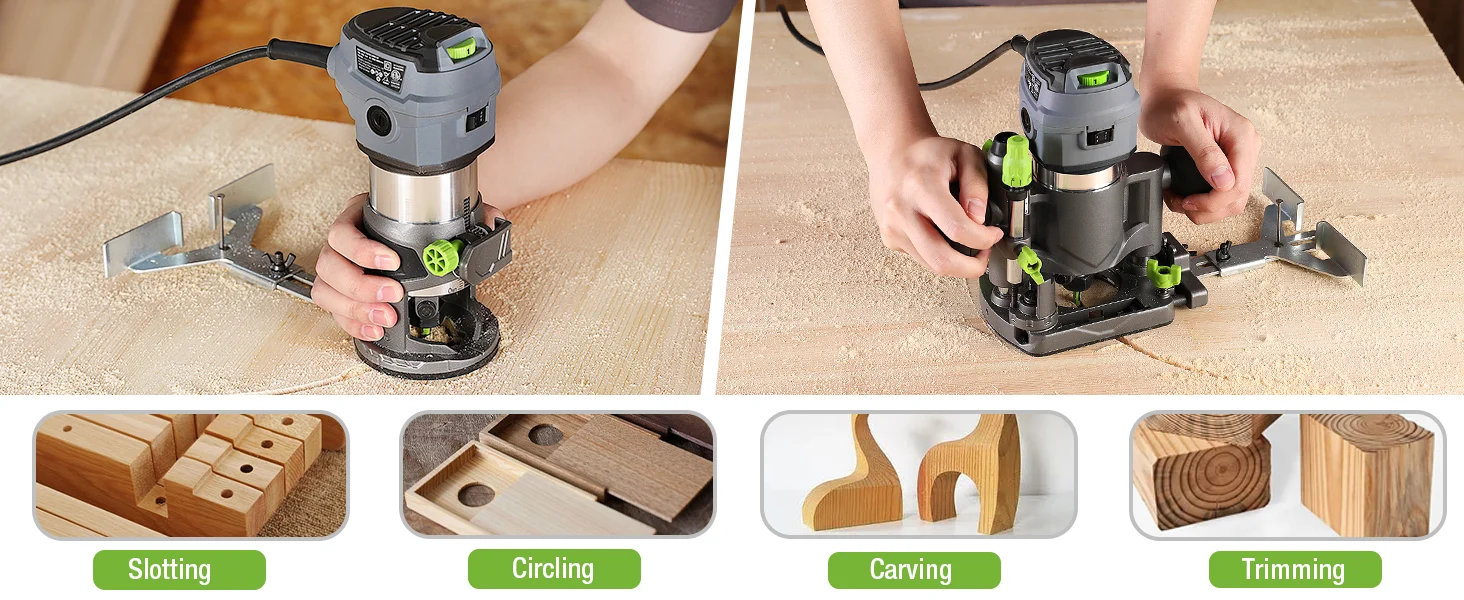 Handheld router tool cutting wood, showing innovation and quality with secure, durable, convenient workshop use