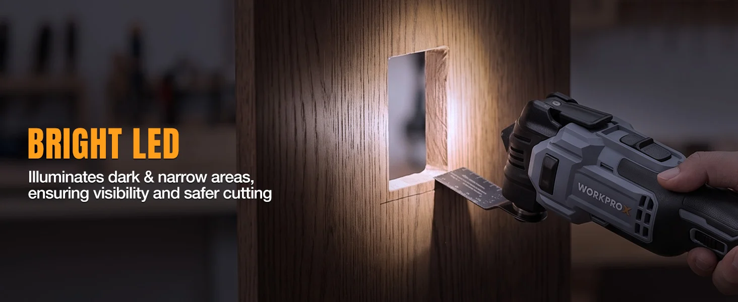 Power tool with LED light illuminating a narrow wooden corner for quality, durable, secure innovation