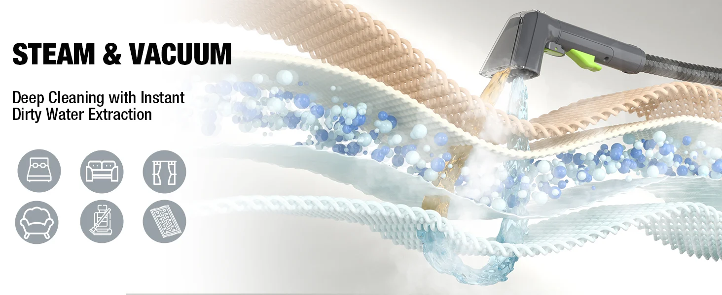 Steam and vacuum hose with water spray and bubbles, showing innovation and quality for deep cleaning