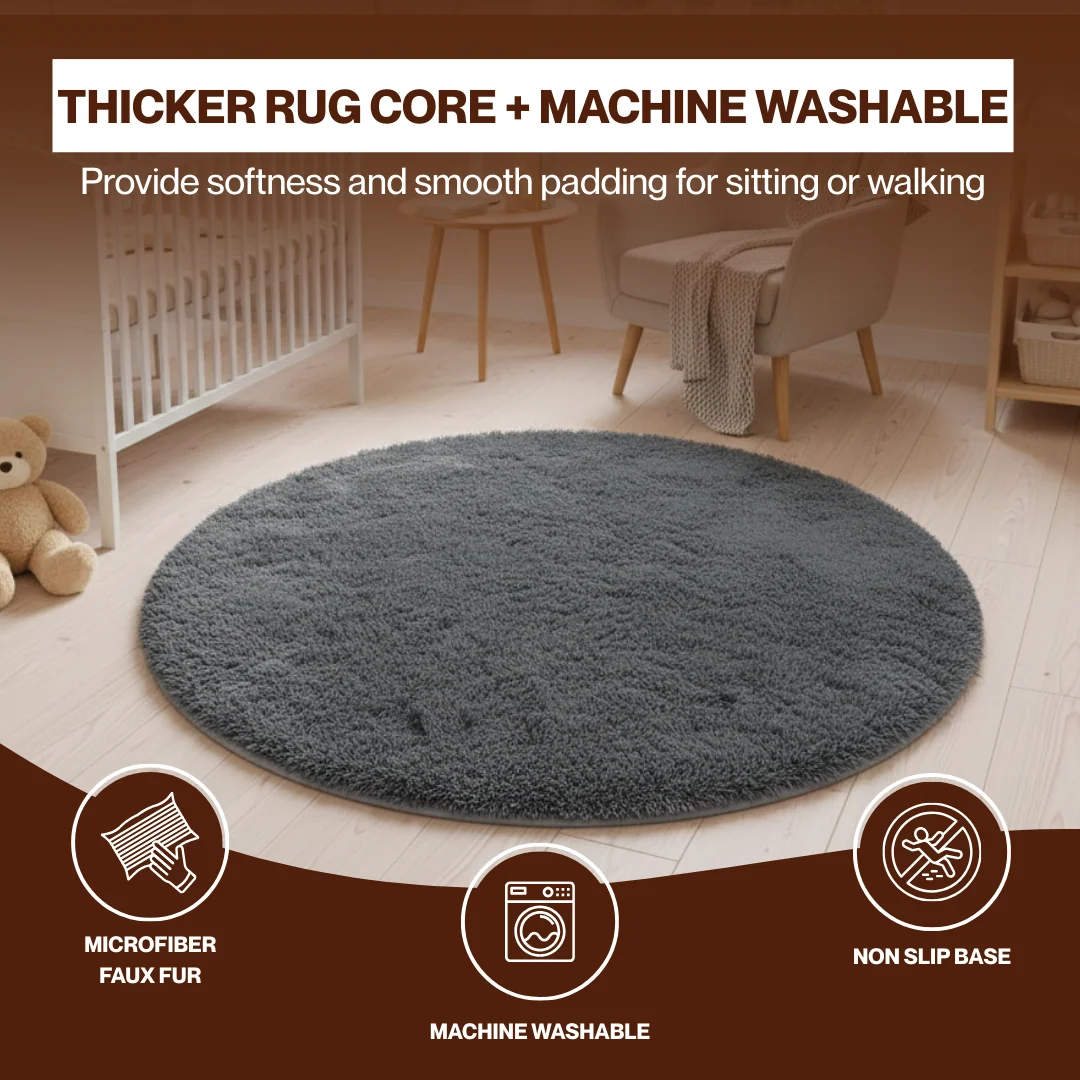 Round Machine Washable Area Rug with High Pile and Anti-Slip Backing