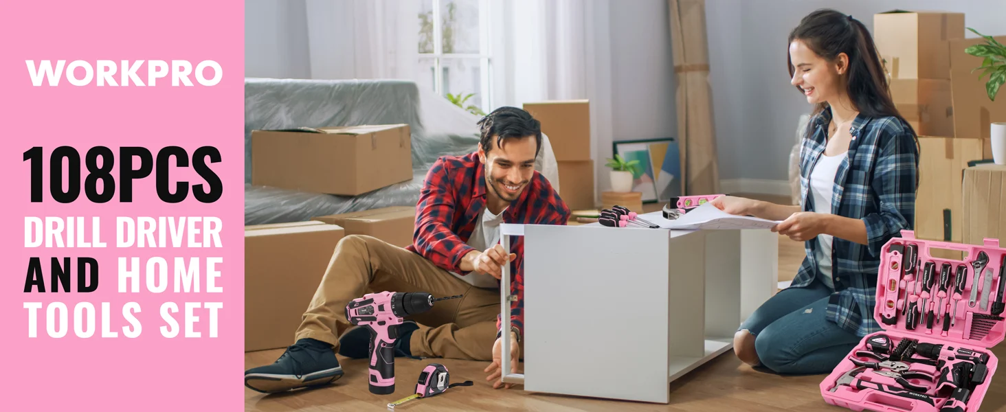 Moving day scene with two people unpacking boxes, and a pink power tool set on the floor
