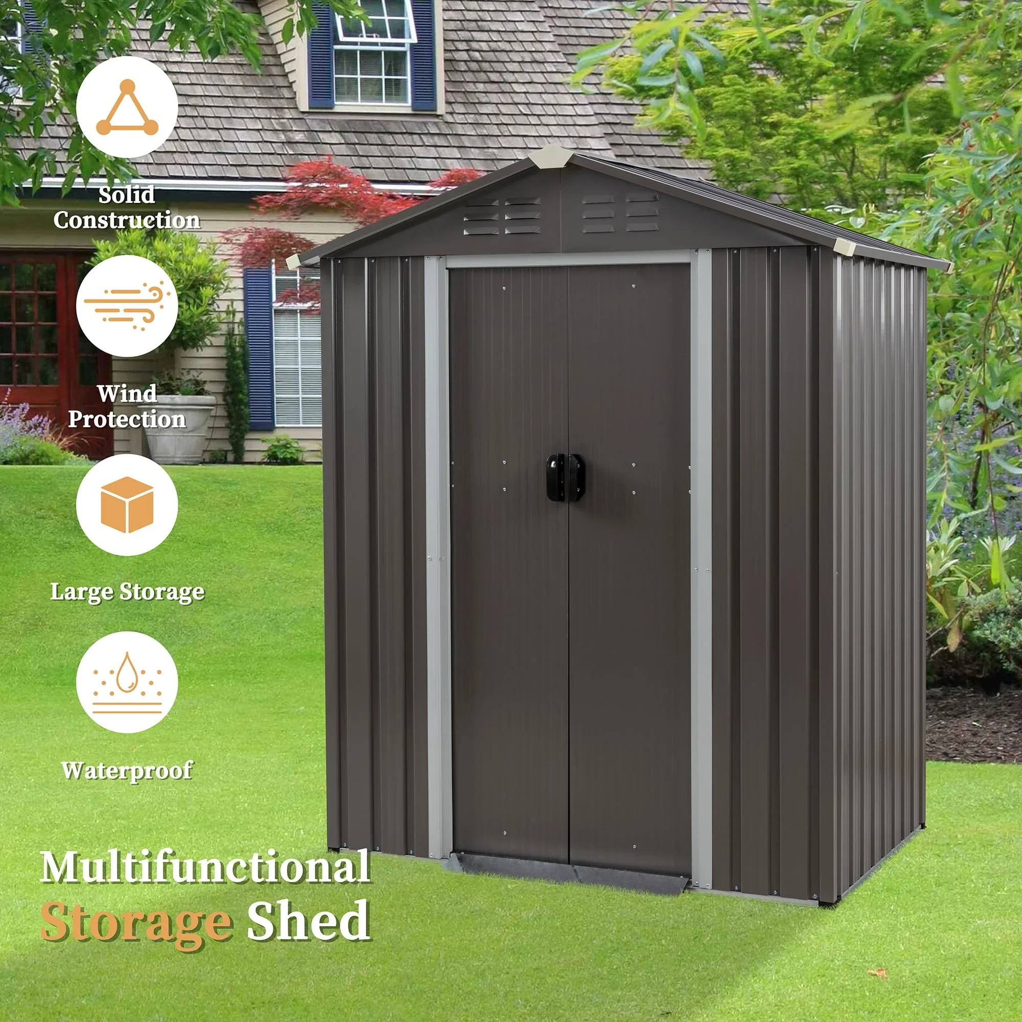 Sobaniilo 5'x 3'x 6' FT Outdoor Storage Metal Shed with Lockable Door, Tools Storage Shed Clearance, Outdoor House for Backyard Patio, Lawn and Garden, Gray - Image 7