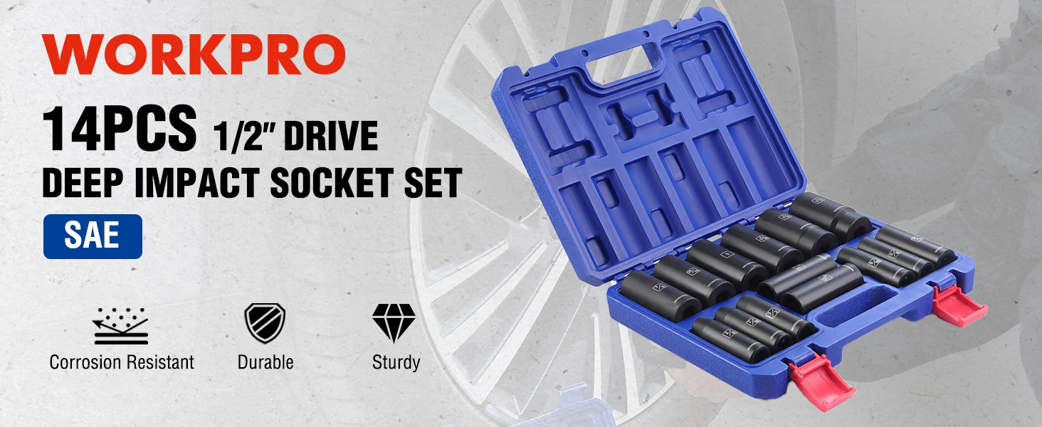 Blue 1 2 drive deep impact socket set in a plastic case with black sockets and red latches