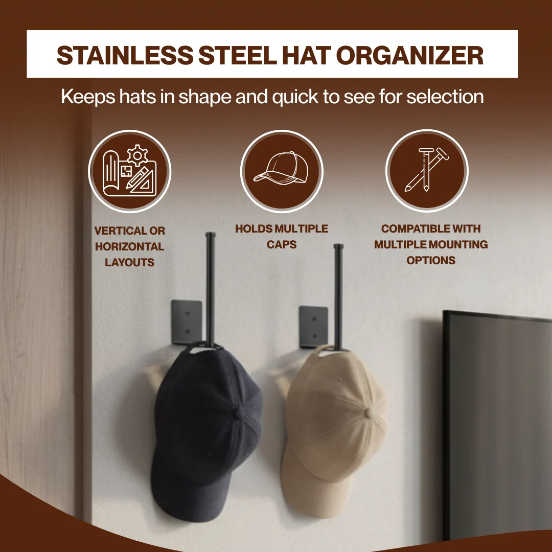 2pc Hat Rack Organizer for Caps, Stainless Steel, Wall Mounted Storage