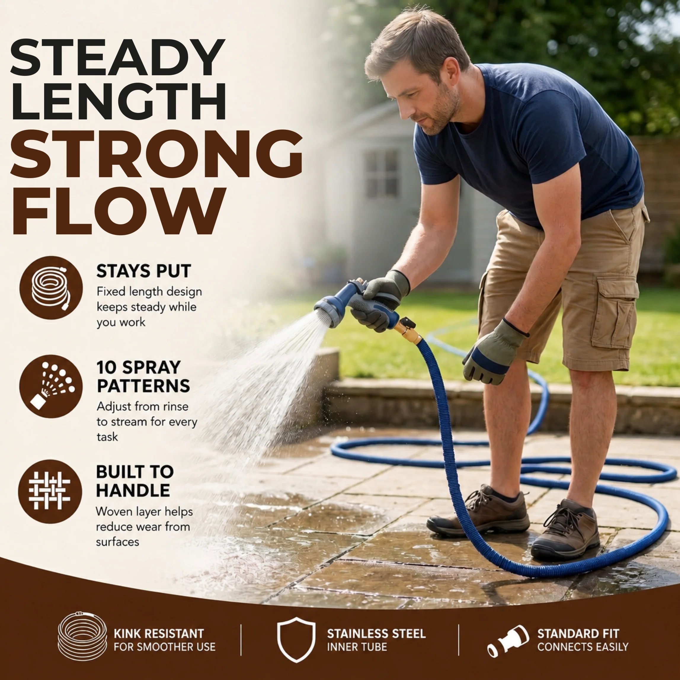 45 ft Stainless Steel Garden Hose with 10-Pattern Spray Nozzle