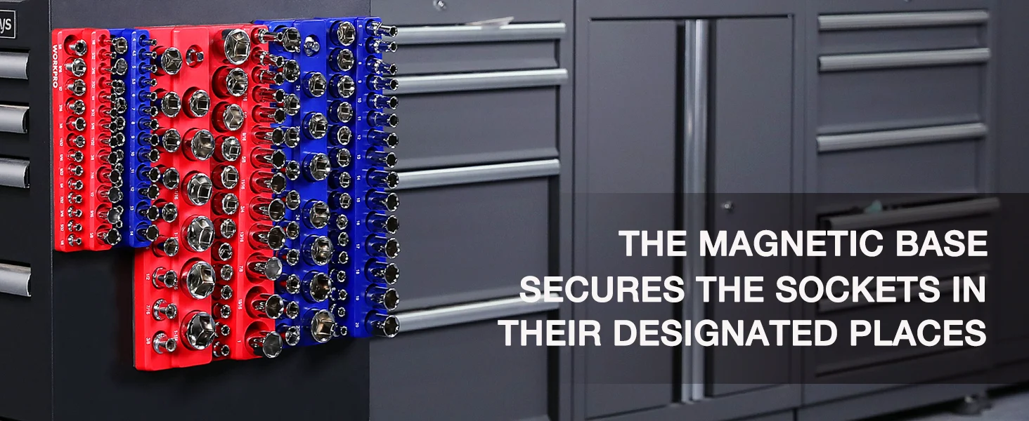 Tool socket set with red and blue rails, innovation and quality, high-quality secure and durable storage