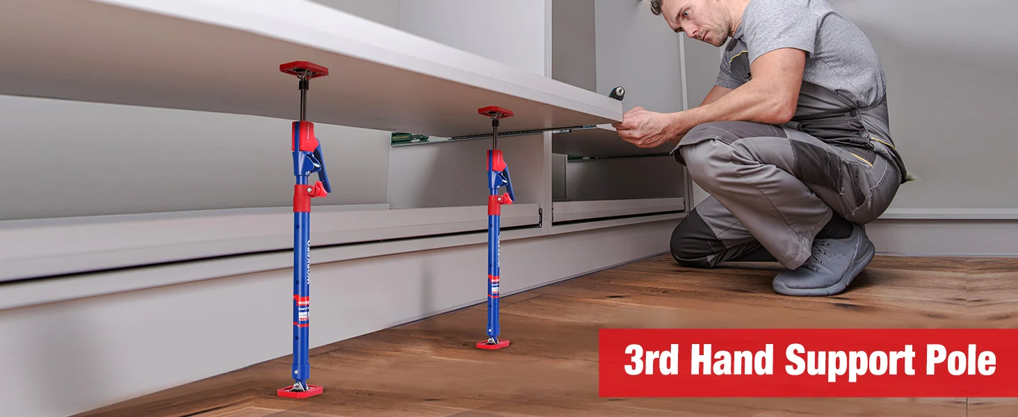 Man installing a support pole under a cabinet, with visible tools and a red label reading 3rd Hand Support Pole