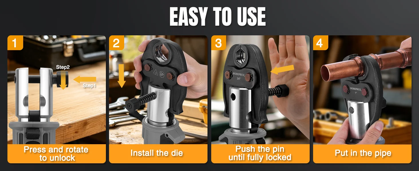 Tool installation steps show a die and pin being pressed and rotated, with innovation and quality in a workshop