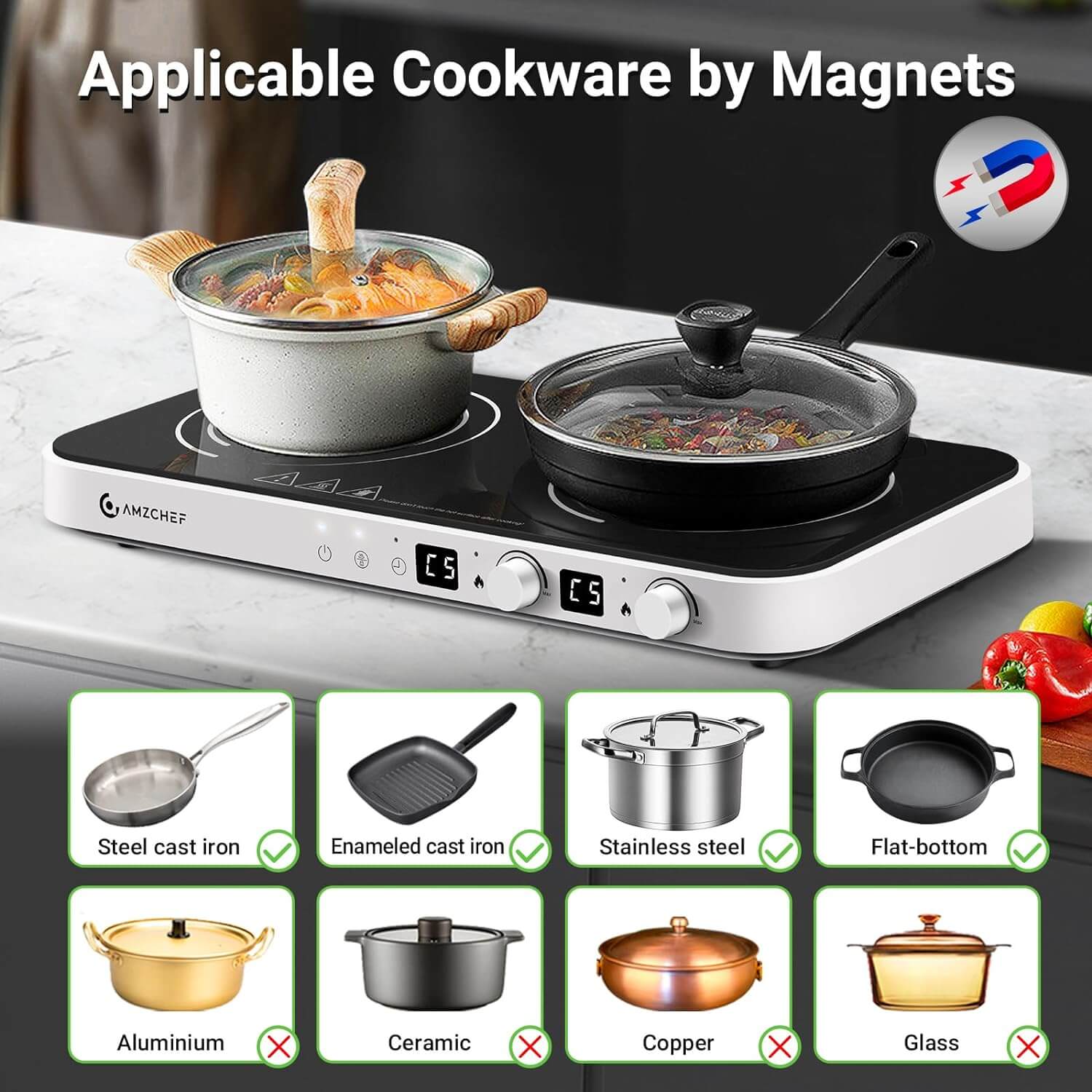 AMZCHEF Double Induction Cooktop with Removable Iron Cast Griddle Pan White 4