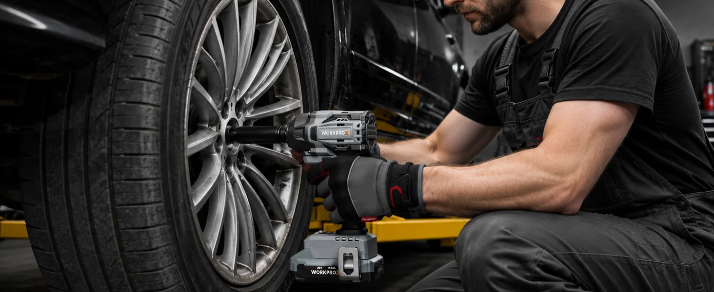 Technician using a power tool to service a car wheel in a workshop, with innovation and quality visible