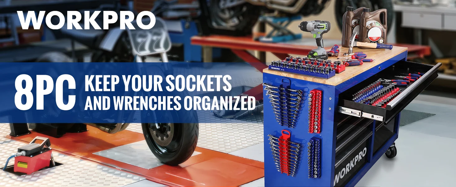 Tool cart with sockets and wrenches in a workshop, showing innovation and quality with organized storage