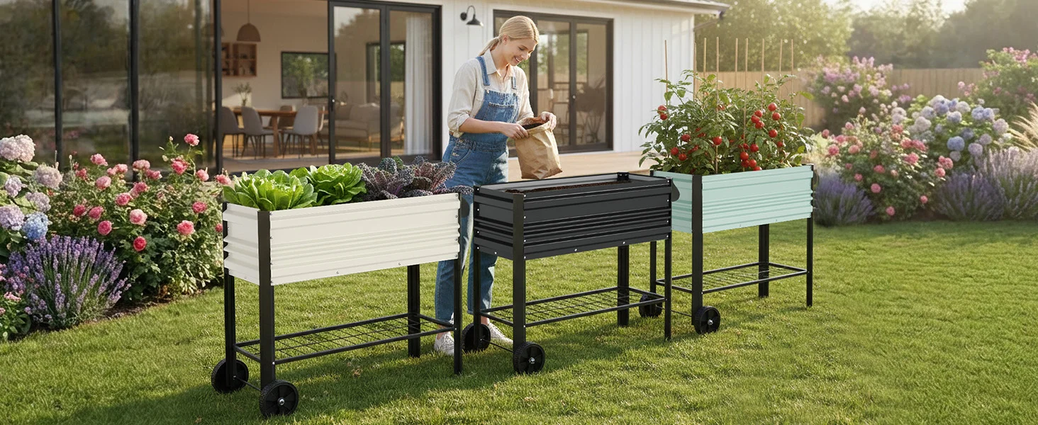 Garden worker tending planters at a patio, innovation and quality shown through durable, secure, convenient outdoor storage