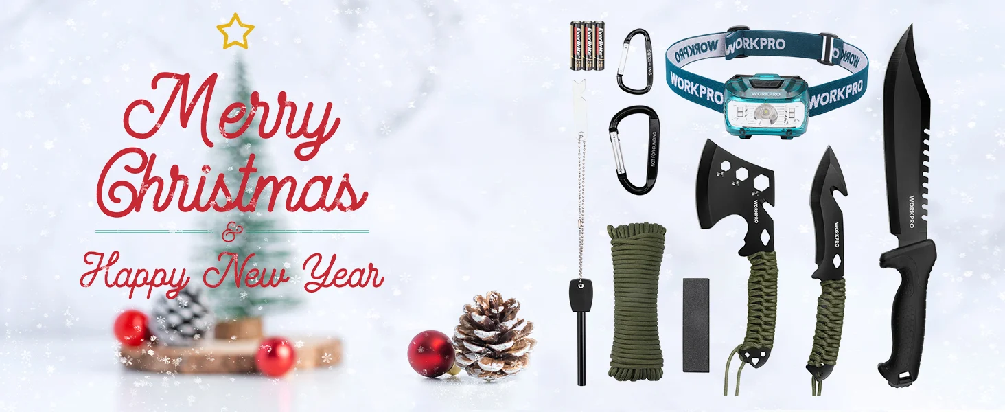 Christmas greeting with tools set, including a Workpro headlamp, axes, and paracord, with innovation and quality