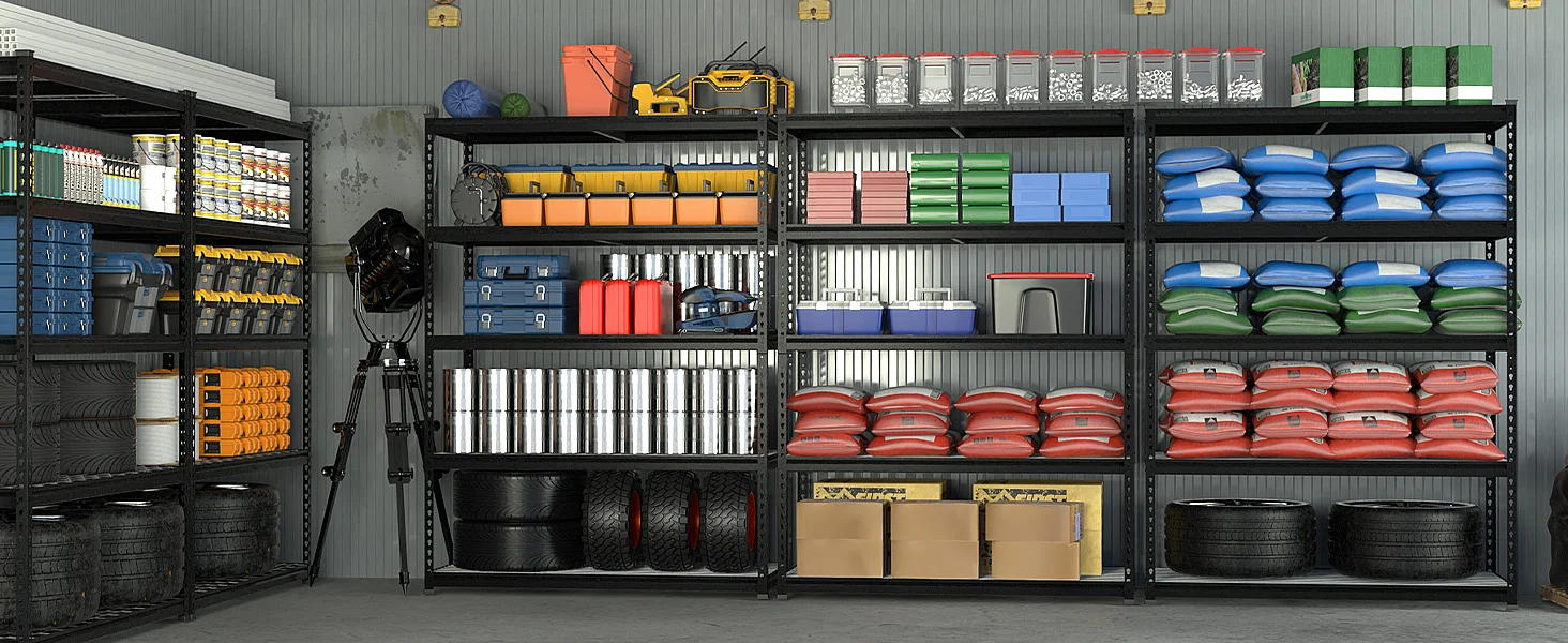 Storage shelves in a workshop with bins, tires, and colorful containers, showing innovation and quality in organization