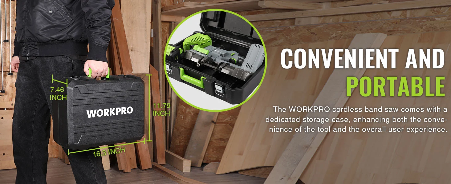 Power tool case with green and black cordless band saw in a workshop, with convenient storage and durability