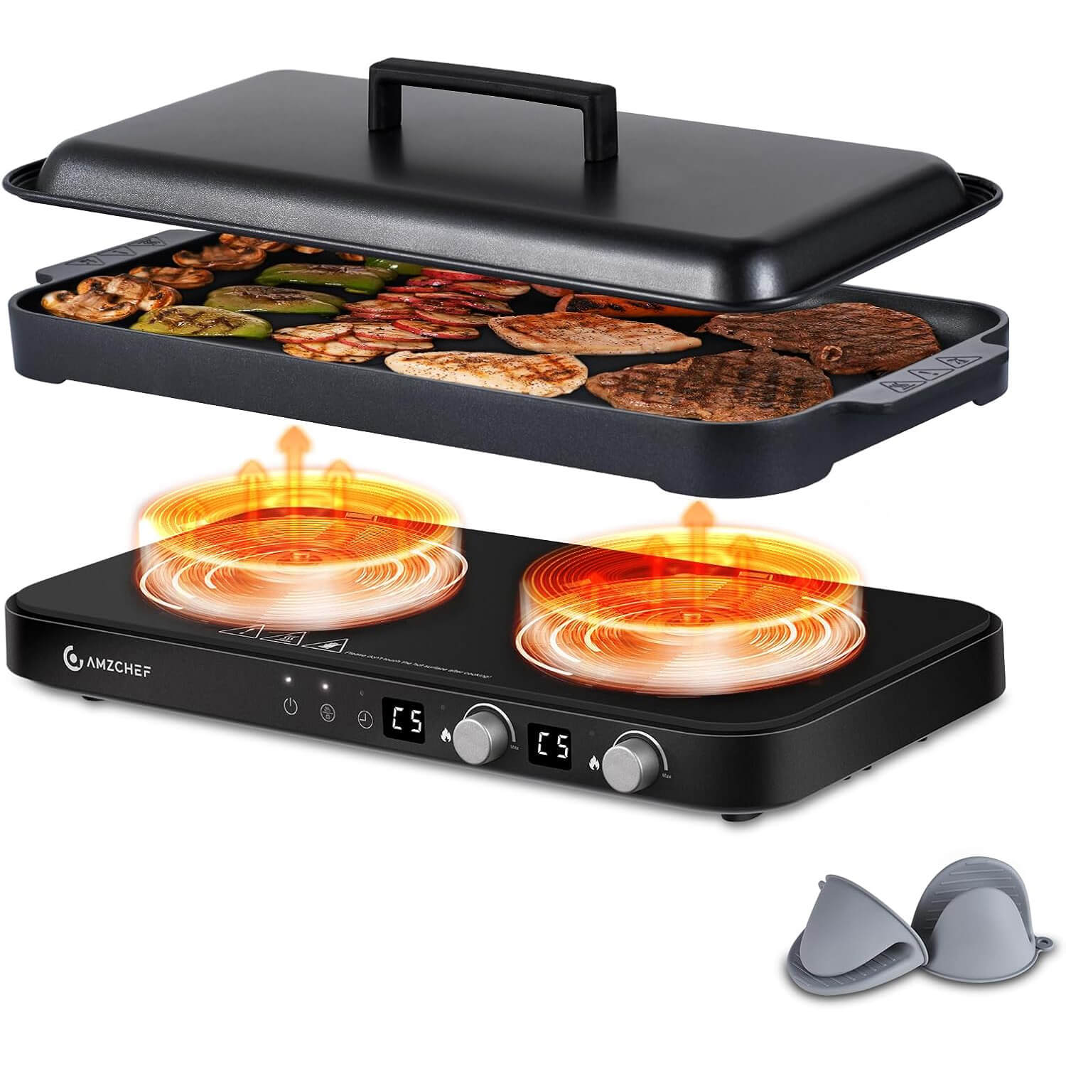 AMZCHEF Double Induction Cooktop with Removable Iron Cast Griddle Pan Black 1