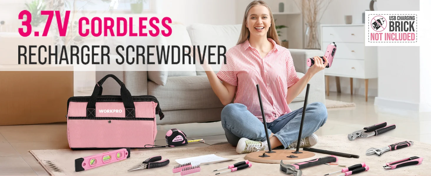Woman using a cordless recharger screwdriver with tools on a living room floor, innovation and quality shown