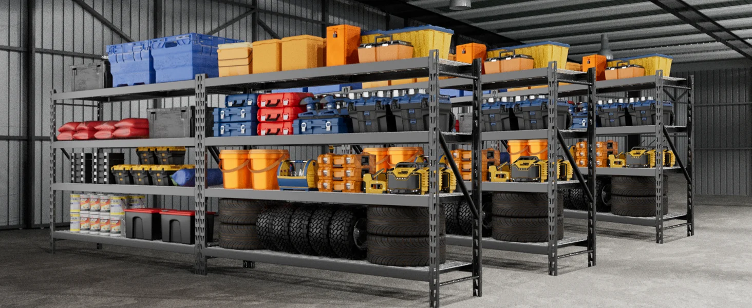 Warehouse storage racks with stacked bins, tires, and boxes, showing innovation and durable organization in a secure space