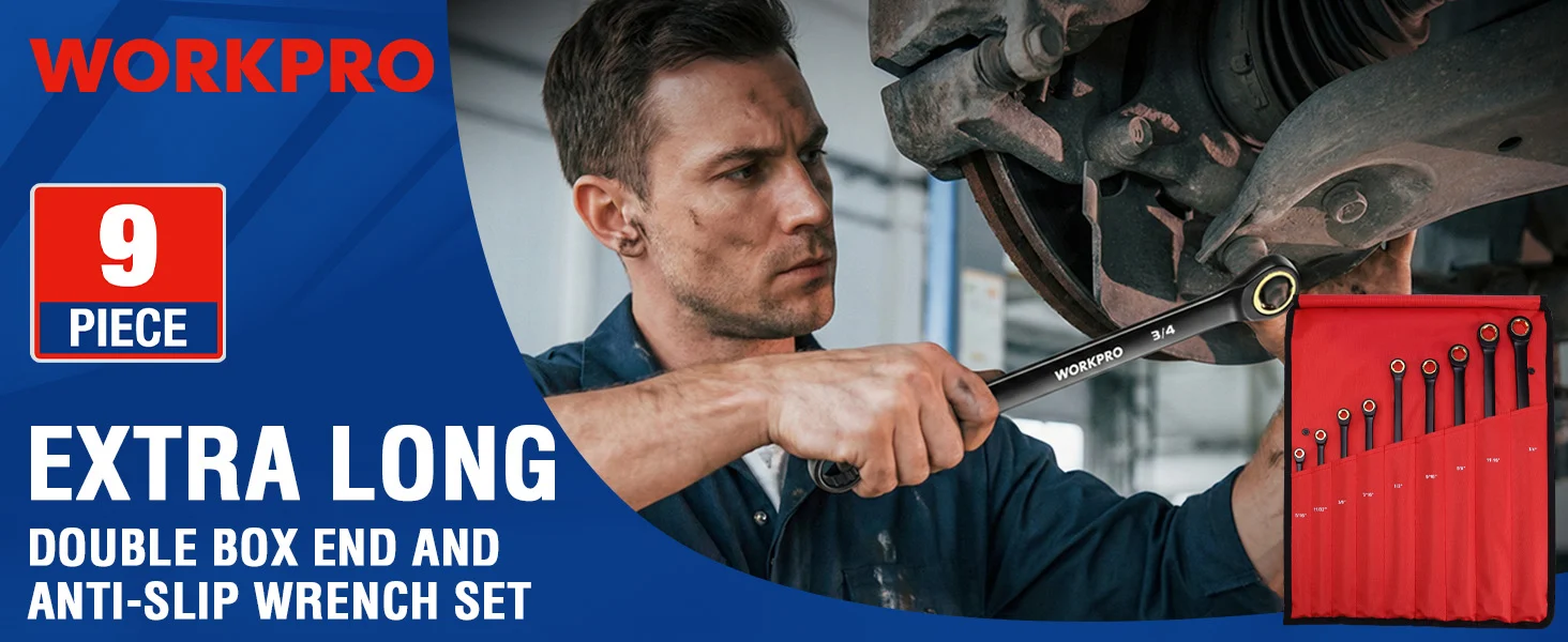 Mechanic holding a wrench near a tool set, with a workpro branded banner and a red 9 piece label