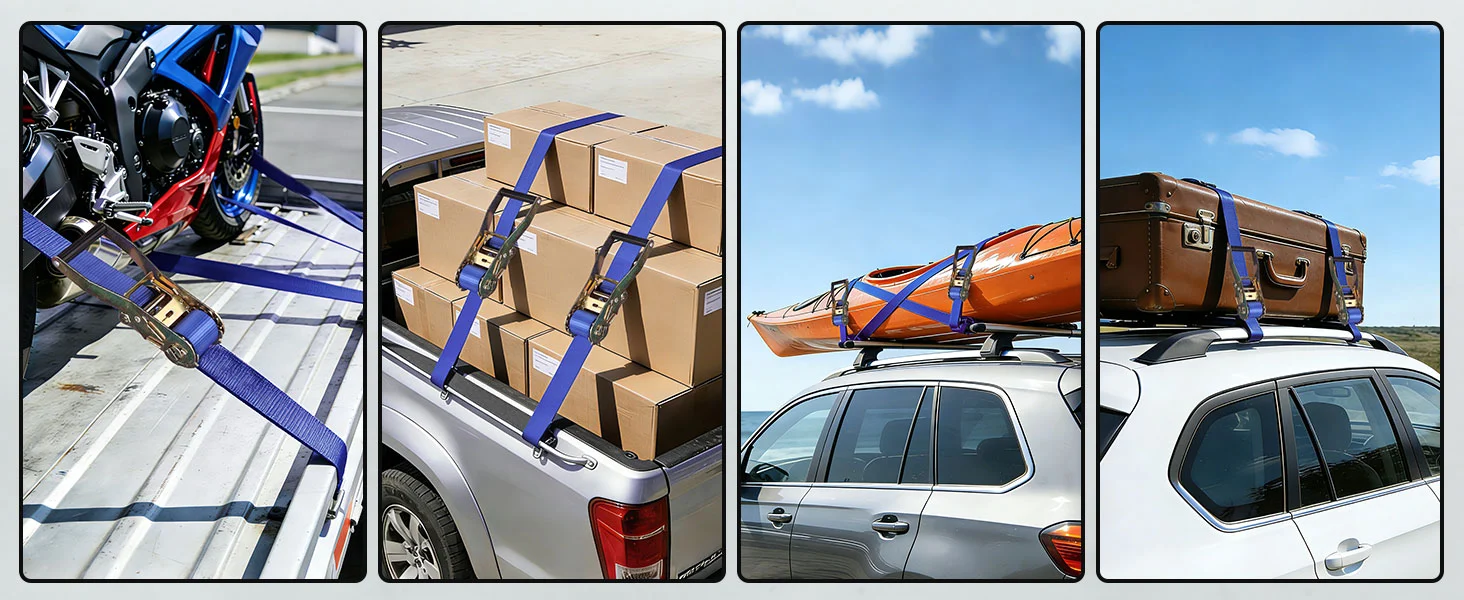 Vehicle cargo secured with straps and boxes, showing innovation, quality, high-quality, secure, and durable transport