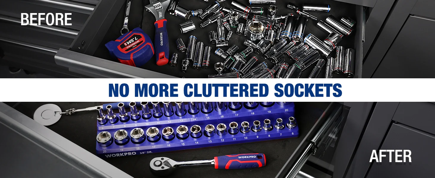 Tool drawer organizer with sockets and wrenches, innovation and quality tools in a secure, durable setup