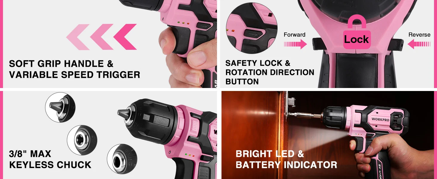 Pink power drill with safety lock, bright LED, and battery indicator, showing forward and reverse rotation