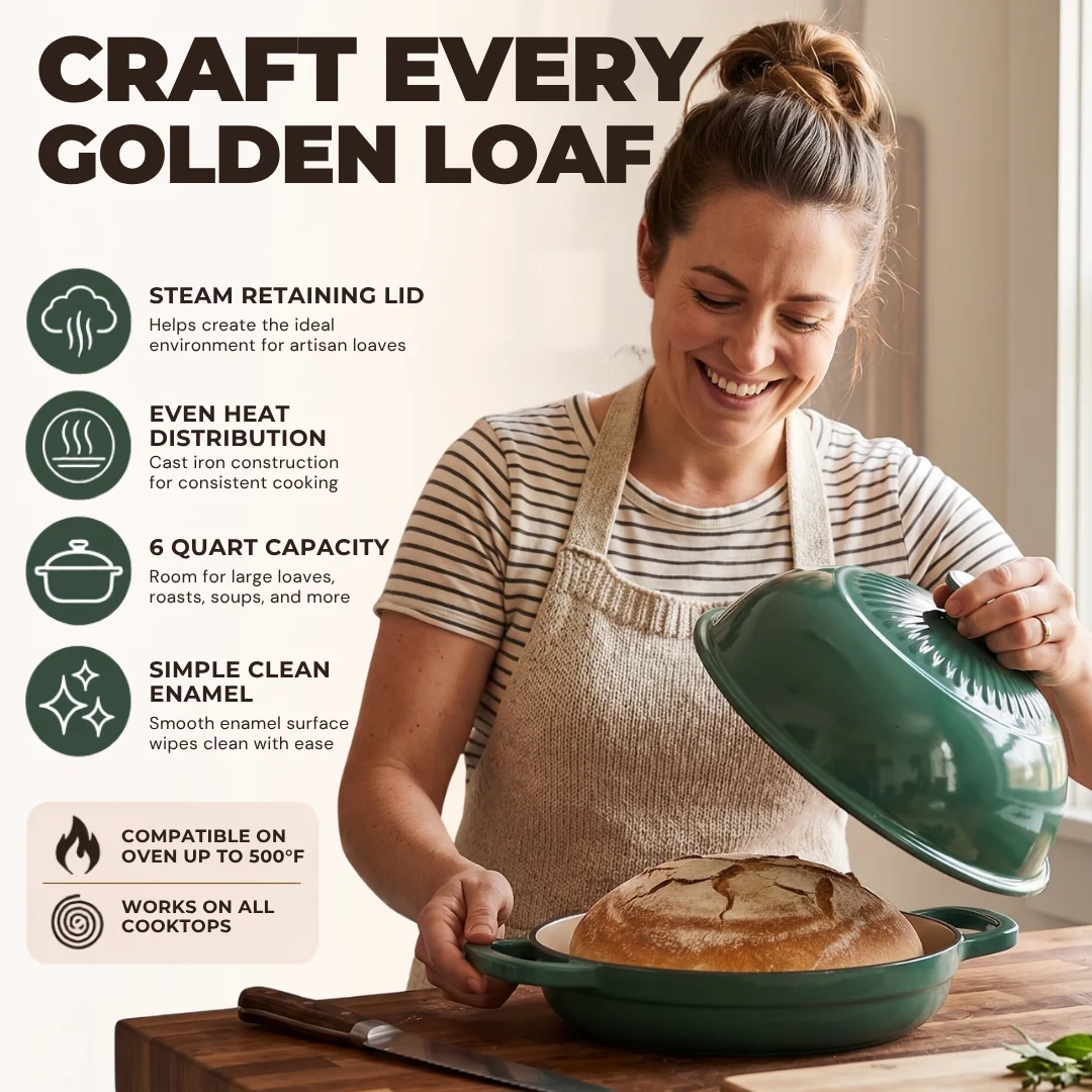 6 Quart Enameled Cast Iron Bread Oven with Dome Lid for Baking