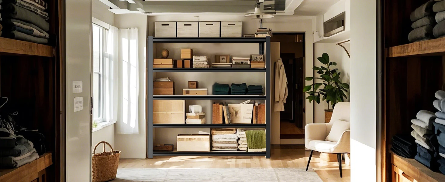 Storage closet with open shelving, neatly folded towels and boxes, bright room light and clean organization
