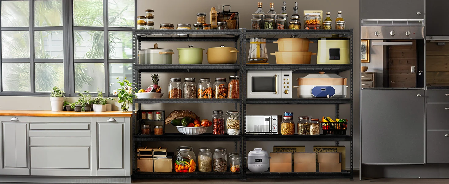 Kitchen pantry shelving with jars, pots, and a microwave, showing organized storage and durable metal racks