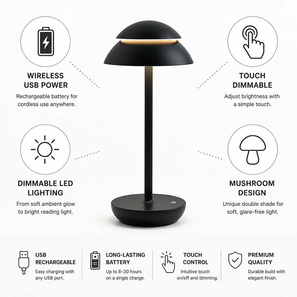 Touch-Dimmable USB Rechargeable Mushroom Table Lamp - Image 7