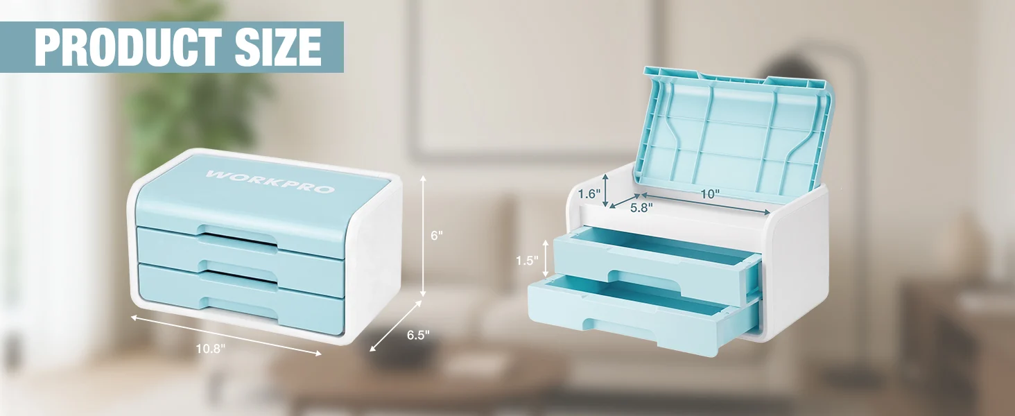 Workpro drawer organizer shown with product size measurements, innovation and quality for convenient storage