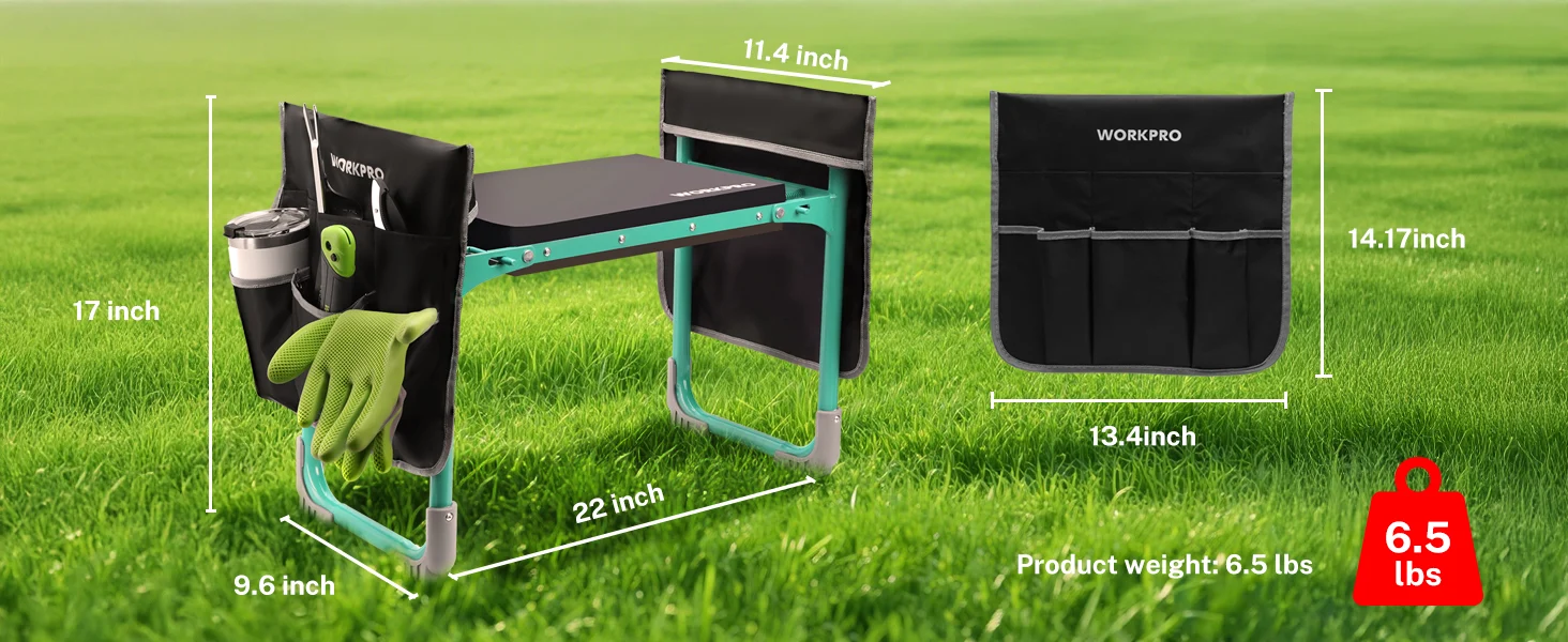 Tool organizer cart with black Workpro bags on green grass, showing 11.4 inch and 14.17 inch sizes