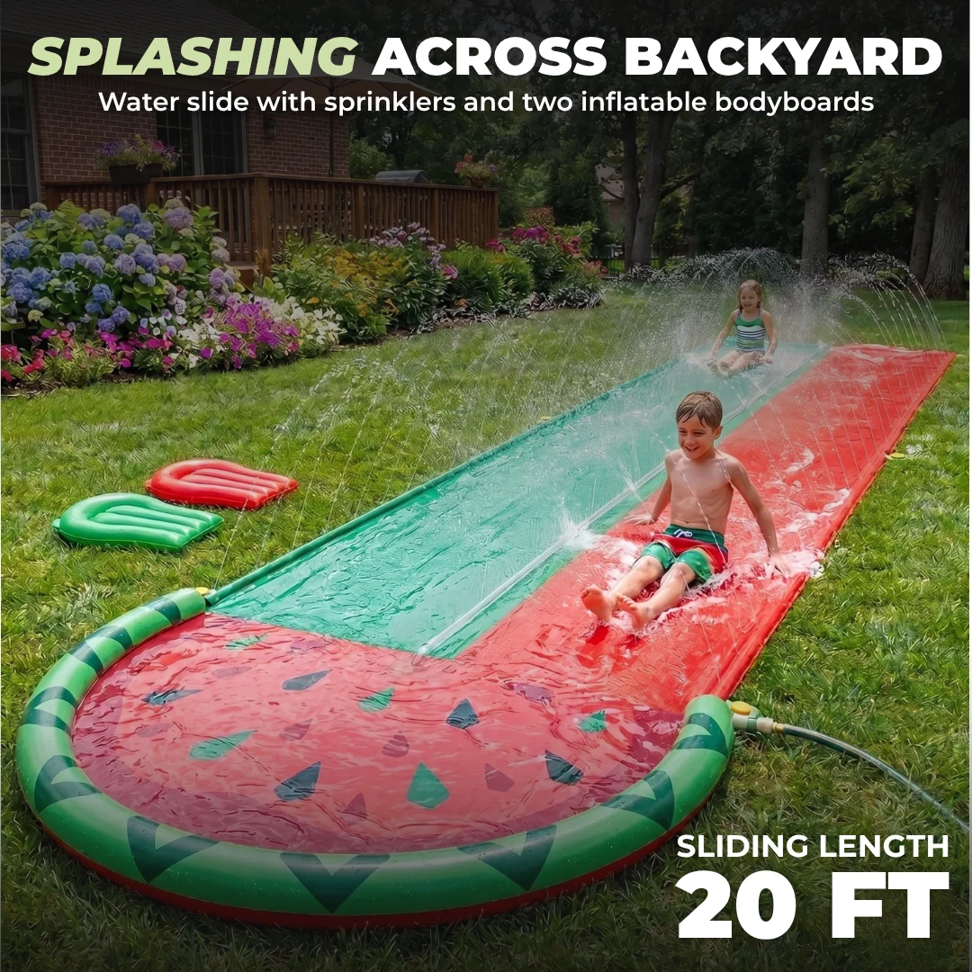 20 ft Double Lane Water Slide with Sprinkler and Two Bodyboards
