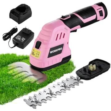 WORKPRO 12V Cordless 2 in 1 Handheld Cordless Grass Shear & Shrubbery Trimmer with 2.0Ah Rechargeable Lithium-Ion Battery &1 Hour Fast Charger - Pink Ribbon