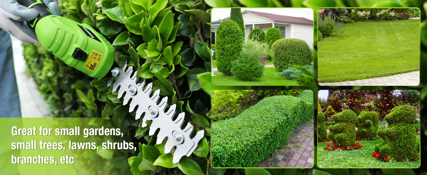 Electric hedge trimmer cutting green shrubs beside a house and trimmed lawn, showing innovation and quality