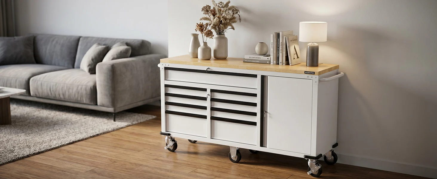 Tool cart with drawers and shelves in a bright living room, with innovation and quality shown in the design
