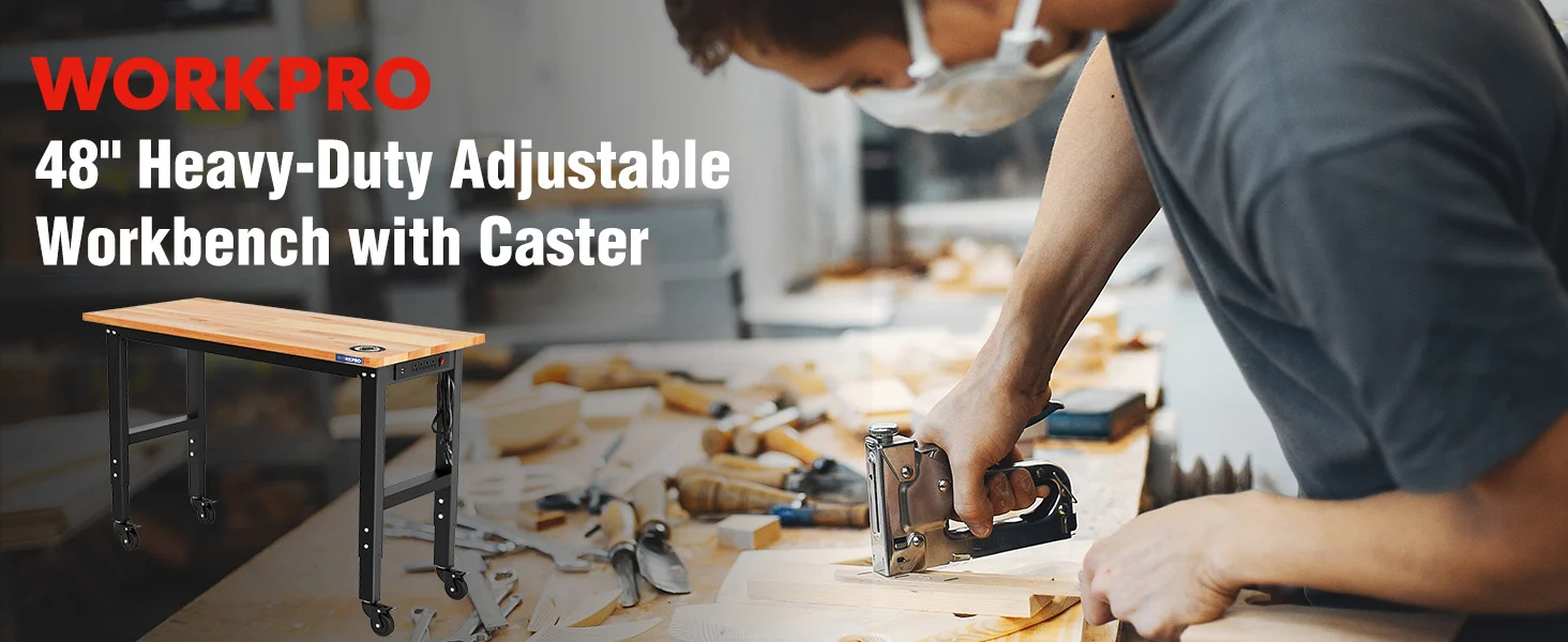 Workbench with casters in a workshop, with innovation and quality shown by a sturdy metal frame