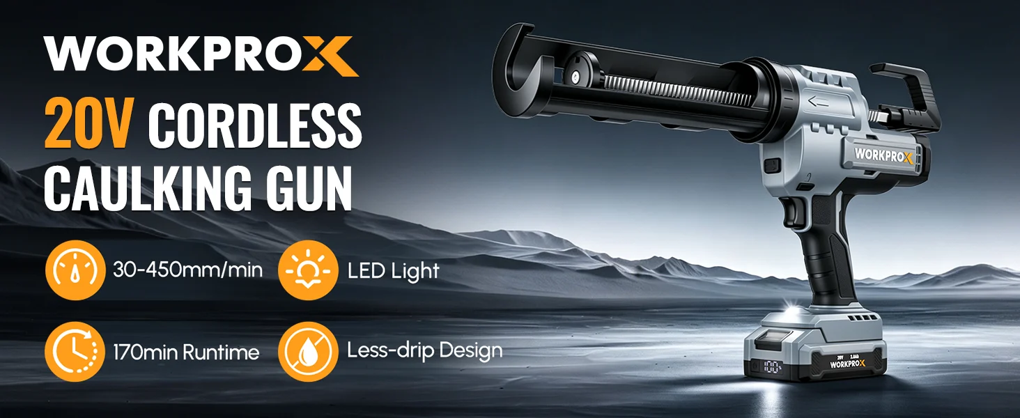 Cordless caulking gun with orange innovation and quality icons, shown on a dark landscape background