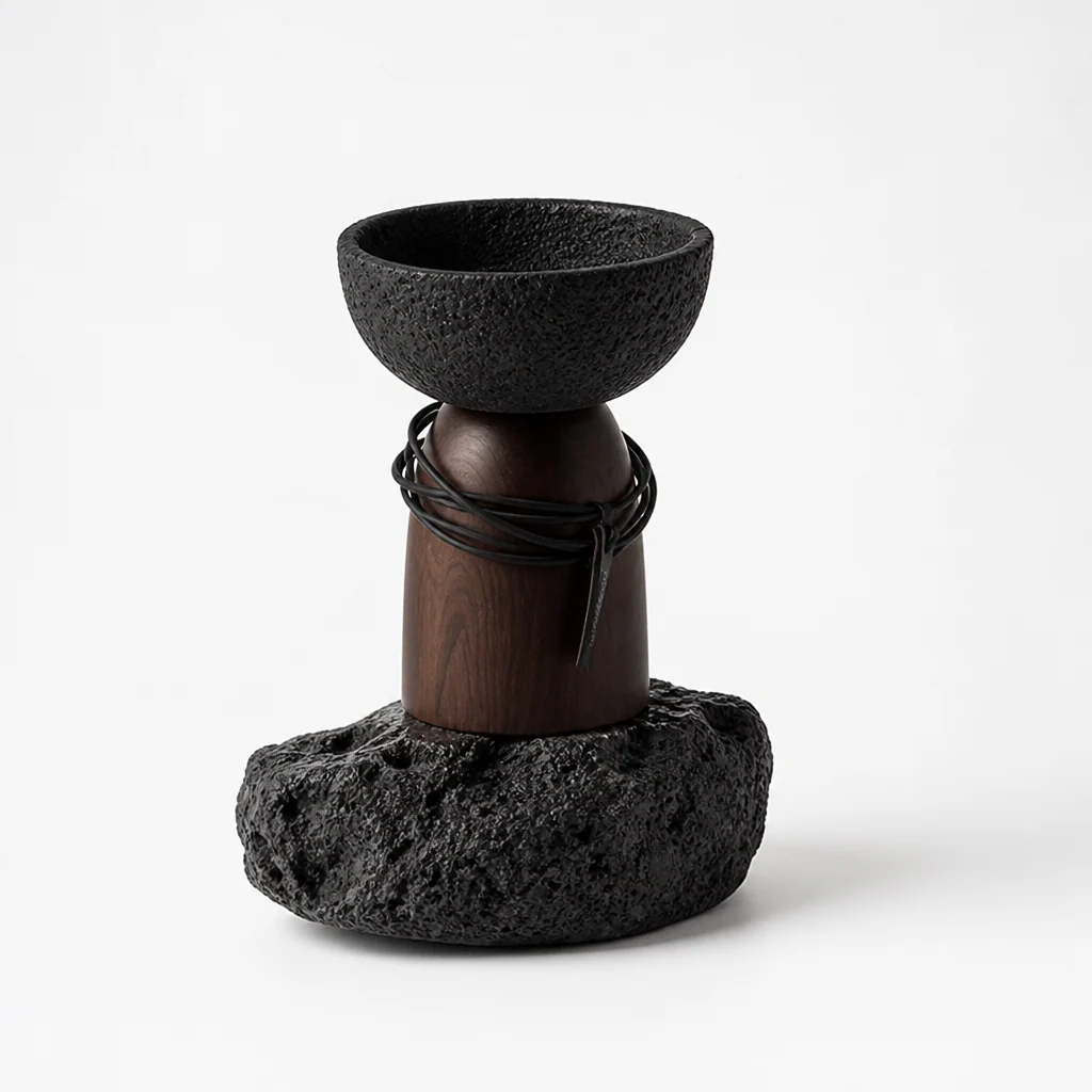 Sculptural Wood and Cement Candle Holder for Cup Candles
