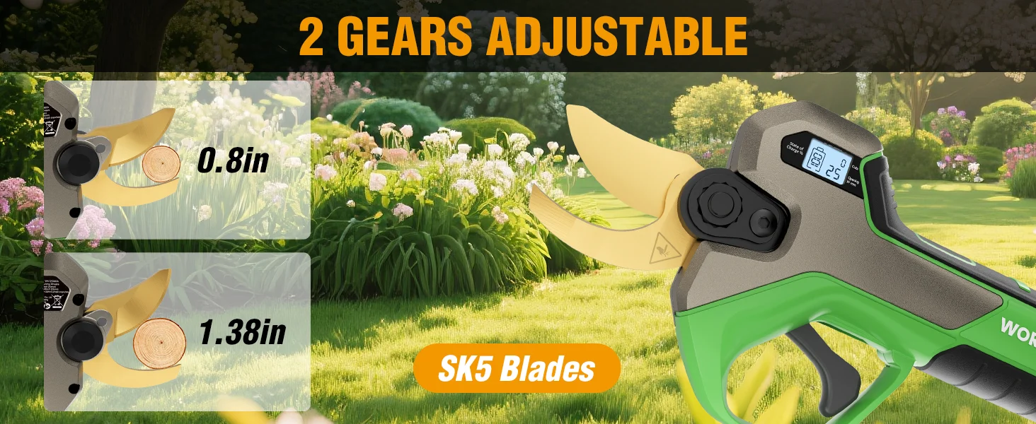 Garden pruning tool with green handle and gray body, shown with SK5 blades and blade size labels