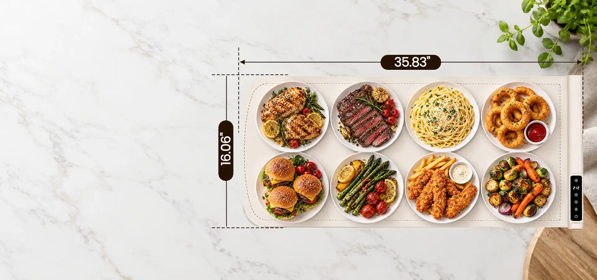 Kismile extra-large food warming mat holding eight plates of food, with dimensions of 35.83 by 16.06 inches