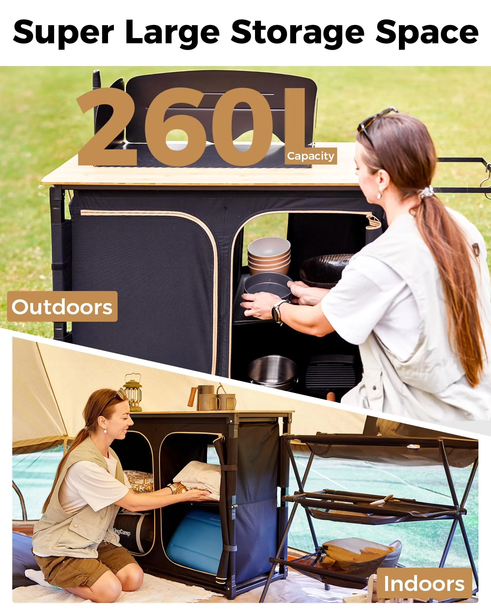 KingCamp Bamboo Camping Kitchen Table with Lantern Stand