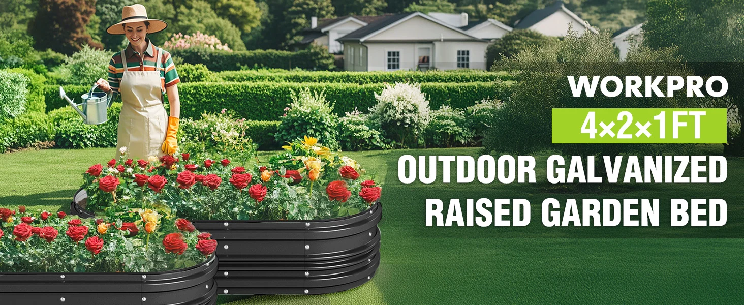 Raised garden bed in a green yard with red flowers, a gardener watering, and outdoor galvanized metal panels
