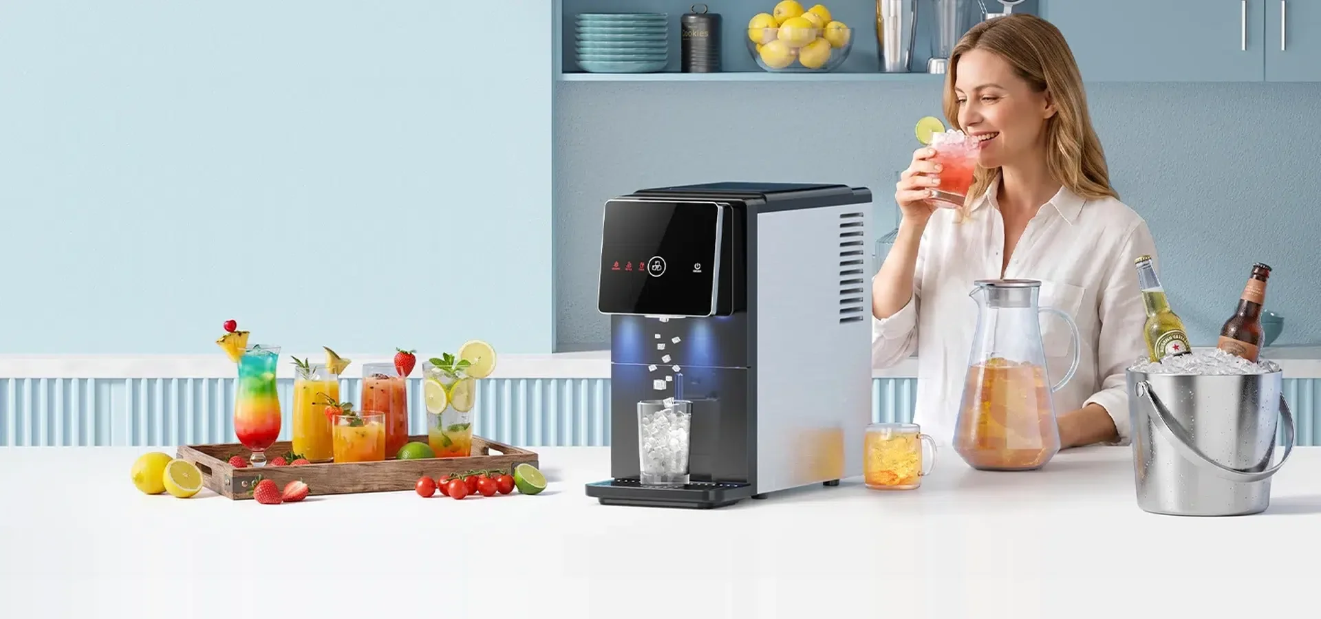 Kismile 58015RIM0 countertop nugget ice maker dispensing ice into a glass on a kitchen counter
