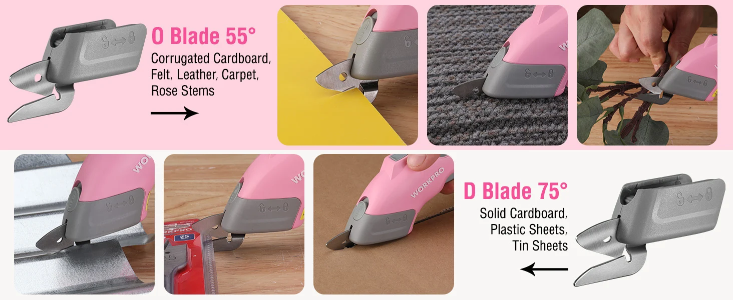 Workpro cutting tool with interchangeable blades showing innovation and quality on cardboard, felt, carpet, and tin sheets